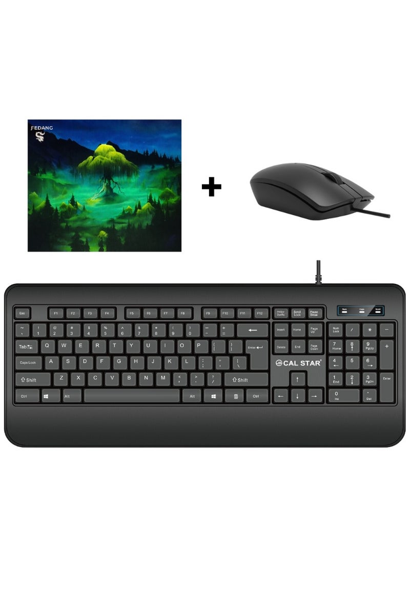 CAL STAR HK-300 Wired Keyboard & Mouse Combo + Extra Mouse Pad for Office – Spill-Resistant, Waterproof, Adjustable Height, Non-Slip Mat, USB Plug-and-Play, Durable 1.4m Cable, Quiet Keys – Perfect for Home Use - Image 1