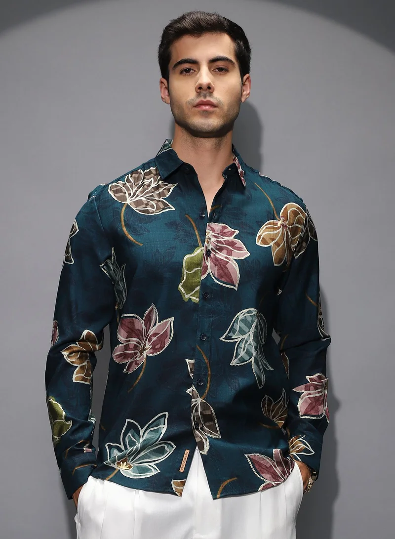 كامبوس سوترا Men's Teal Green Floret Imprint Shirt For Casual Wear | Spread Collar | Long Cuffed Sleeves | Button Closure | Shirt Shirt Crafted With Comfort Fit For Everyday Wear