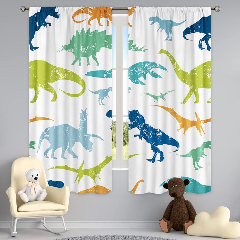 Cinbloo Kids Dinosaur Curtains 42W x 63L Inch Rod Pocket Cartoon Dino Baby Boys Bedroom Decor Cute Funny Safari Animal Children Toddler Nursery Art Printed Living Room Window Drapes Fabric 2 Panel Set