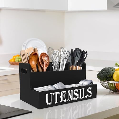 Suli Kitchen Utensils Holder, Wooden Utensil Organizer for Kitchen Countertop, Farmhouse Utensil Storage, Rustic Cooking Utensils ,4 Compartments,- Black - Image 5