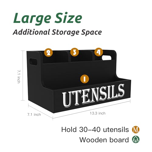 Suli Kitchen Utensils Holder, Wooden Utensil Organizer for Kitchen Countertop, Farmhouse Utensil Storage, Rustic Cooking Utensils ,4 Compartments,- Black - Image 2