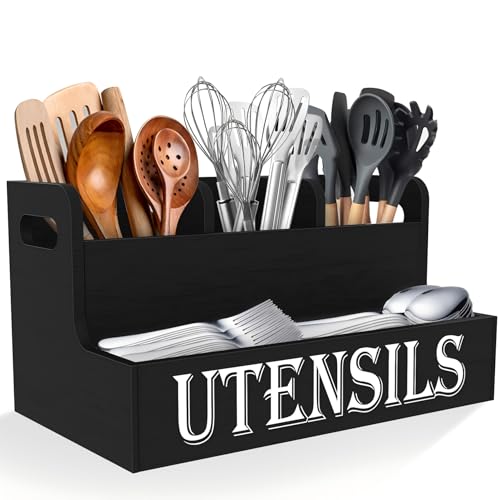 Suli Kitchen Utensils Holder, Wooden Utensil Organizer for Kitchen Countertop, Farmhouse Utensil Storage, Rustic Cooking Utensils ,4 Compartments,- Black - Image 1