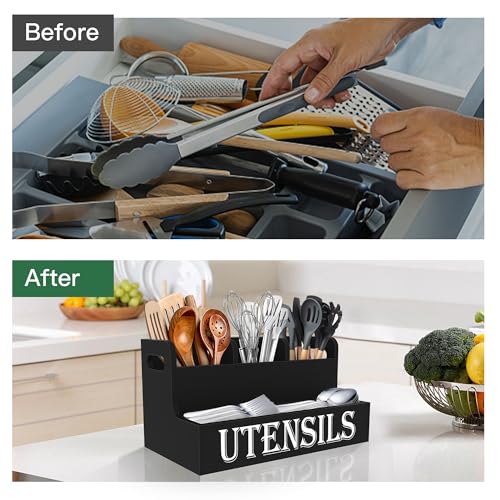 Suli Kitchen Utensils Holder, Wooden Utensil Organizer for Kitchen Countertop, Farmhouse Utensil Storage, Rustic Cooking Utensils ,4 Compartments,- Black - Image 3