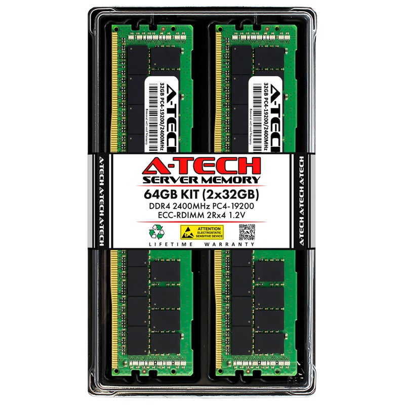 A-Tech 64GB Kit (2x32GB) DDR4 2400MHz PC4-19200 ECC RDIMM 2Rx4 1.2V Dual Rank Registered DIMM 288-Pin Server & Workstation RAM Memory Upgrade Modules (A-Tech Enterprise Series) - Image 1