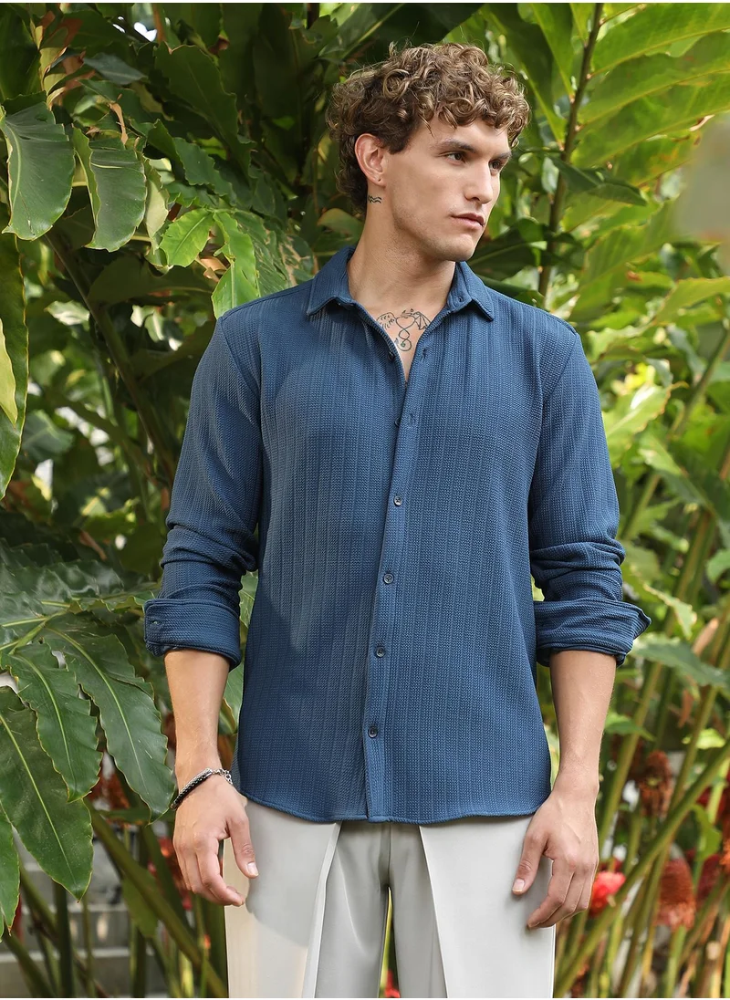 كامبوس سوترا Men's Aegean Blue Chevron-Panel Tactile Shirt For Casual Wear | Spread Collar | Long Cuffed Sleeves | Button Closure | Shirt Crafted With Comfort Fit For Everyday Wear