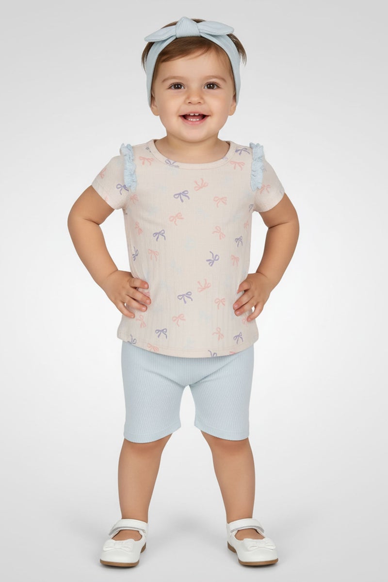 Petit Lem Toddlers Girl 3 Pcs Allover Print Top And Short With Headband, Multicolor - Image 1
