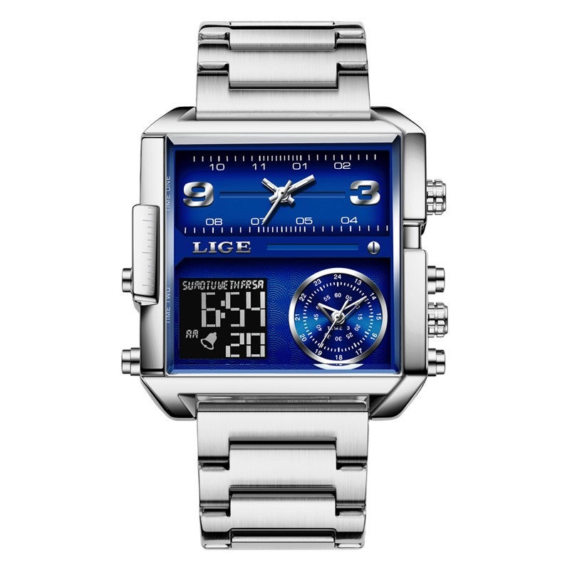 LIGE New Dual Display Quartz Watch, Multifunctional Waterproof Mens Wristwatch Steel band Silver