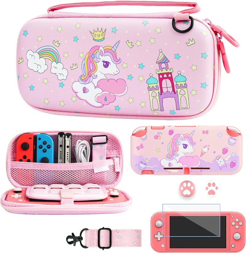 GLDRAM Cute of Unicorn Carrying Case for Nintendo Switch Lite, Pink Travel Case Accessories Bundle with Soft TPU Swicth Lite Skin Cover, HD Screen Protector, Thumb Caps and Shoulder Strap for Girls - Image 1