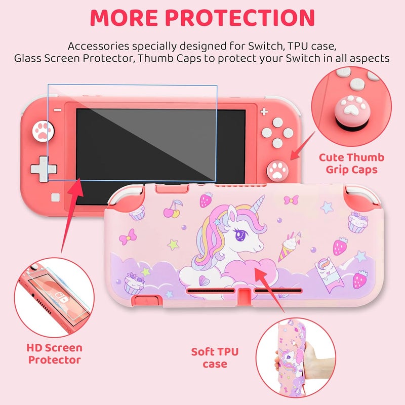GLDRAM Cute of Unicorn Carrying Case for Nintendo Switch Lite, Pink Travel Case Accessories Bundle with Soft TPU Swicth Lite Skin Cover, HD Screen Protector, Thumb Caps and Shoulder Strap for Girls - Image 3
