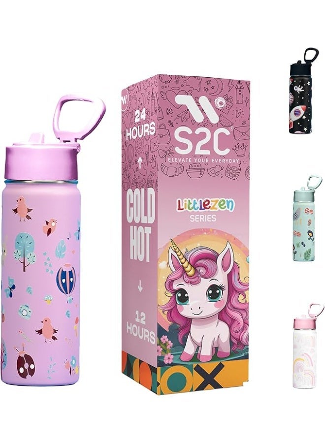 S2C Kids Water Bottle with Straw Lid – 550ml Stainless Steel, Double Wall Insulated, BPA-Free, Leak-Proof Bottle for School & Toddlers (PURPLE) - Image 1
