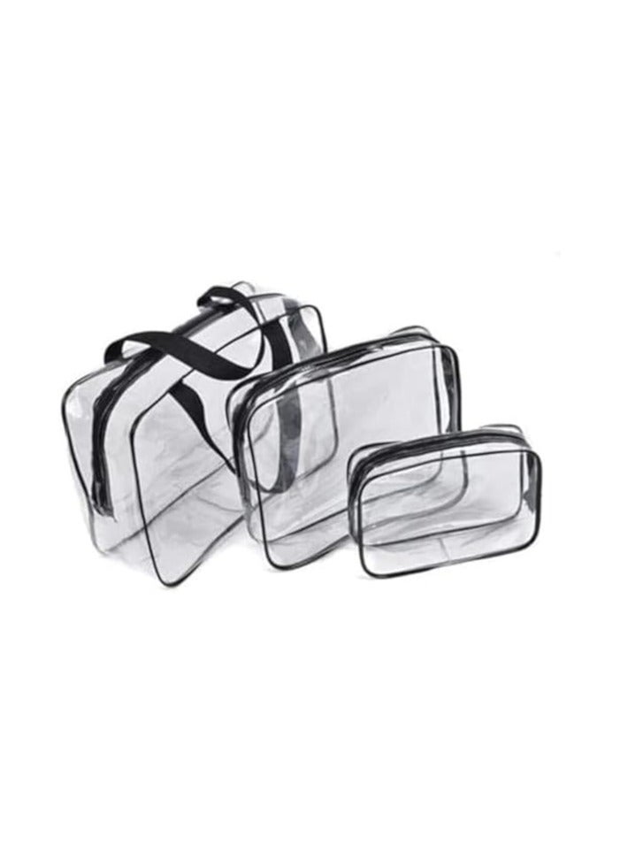 Risen 3-Piece Clear Cosmetic Bag Set – Water-Resistant Vinyl Travel Toiletry Bags with Zipper Closure & Carry Handle for Women, Men & Baby – Makeup Brush Case for Beach, Pool, Spa & Gym – Black - Image 1