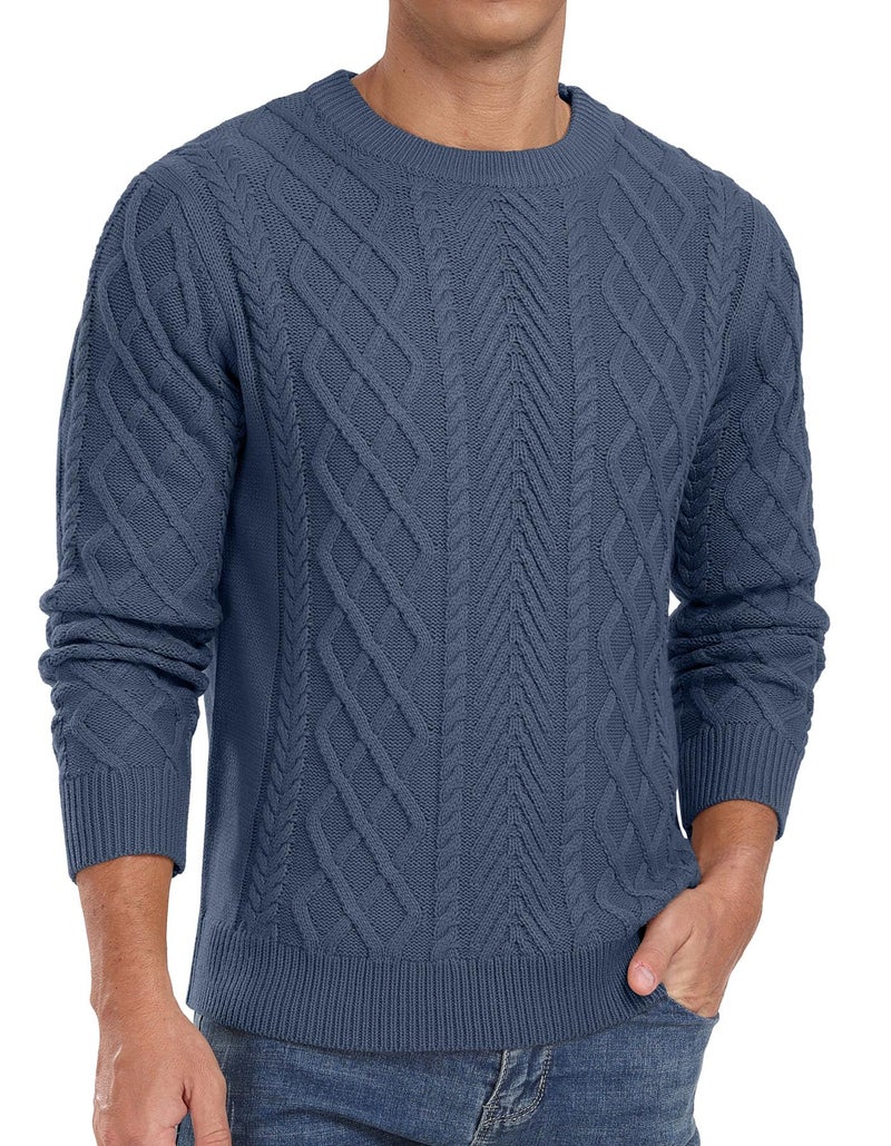 Askdeer Men's Pullover Sweater Fisherman Classic Casual Crewneck Sweaters Long Sleeve Chunky Knit Sweater Denim Blue - Image 1