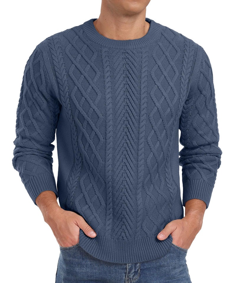 Askdeer Men's Pullover Sweater Fisherman Classic Casual Crewneck Sweaters Long Sleeve Chunky Knit Sweater Denim Blue - Image 4