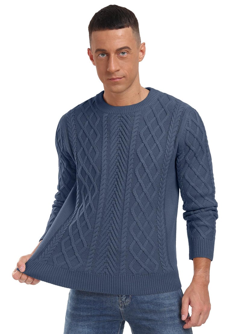 Askdeer Men's Pullover Sweater Fisherman Classic Casual Crewneck Sweaters Long Sleeve Chunky Knit Sweater Denim Blue - Image 5