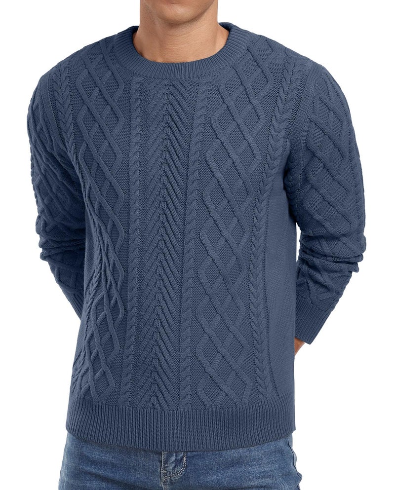 Askdeer Men's Pullover Sweater Fisherman Classic Casual Crewneck Sweaters Long Sleeve Chunky Knit Sweater Denim Blue - Image 3