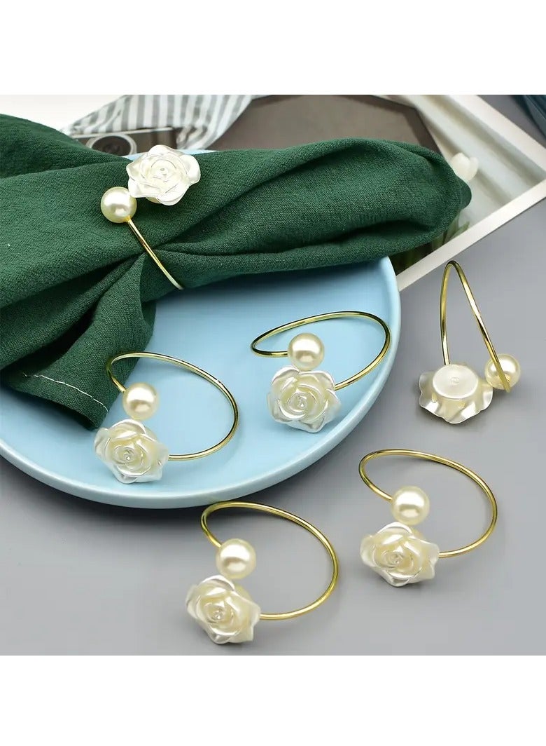 6 Piece Napkin Rings, White Rose Pearl Dining Table Ring Holder, Vintage Paper Towel Rings for Wedding Banquet Home Decorations  - Image 1