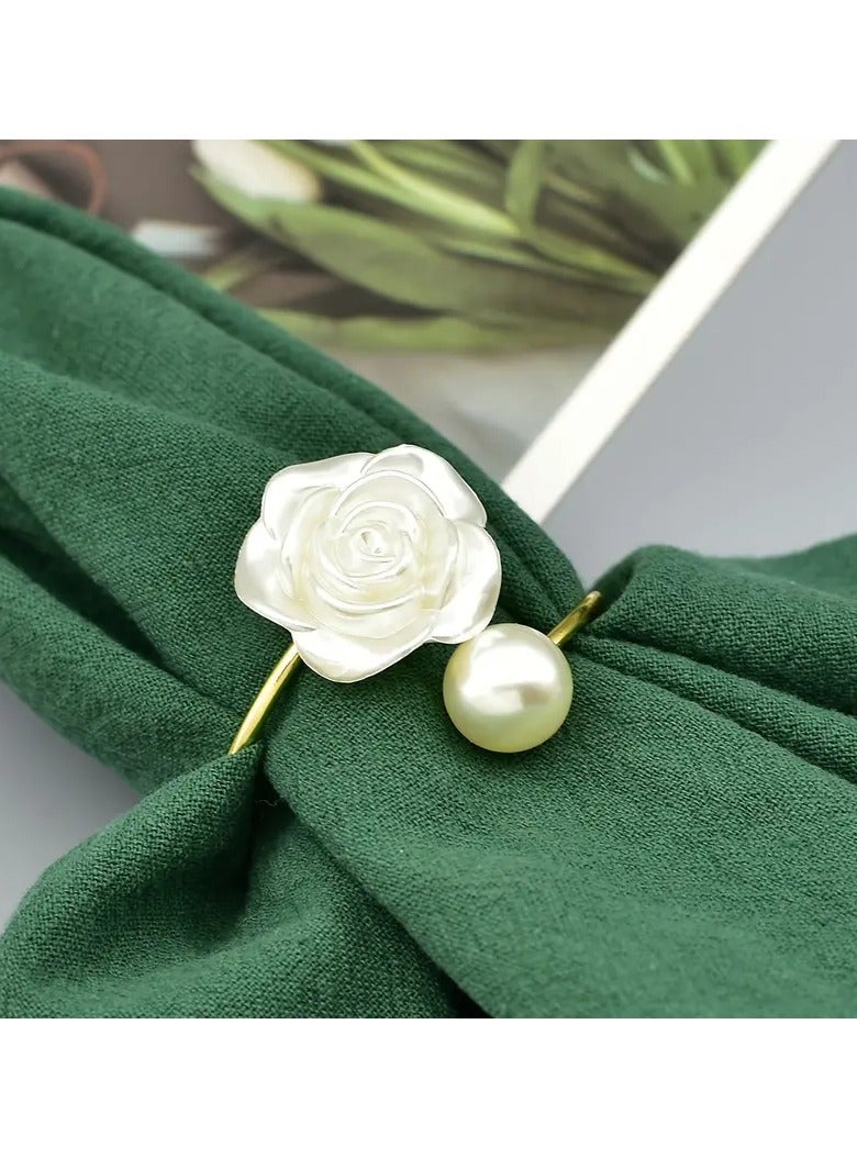 6 Piece Napkin Rings, White Rose Pearl Dining Table Ring Holder, Vintage Paper Towel Rings for Wedding Banquet Home Decorations  - Image 2