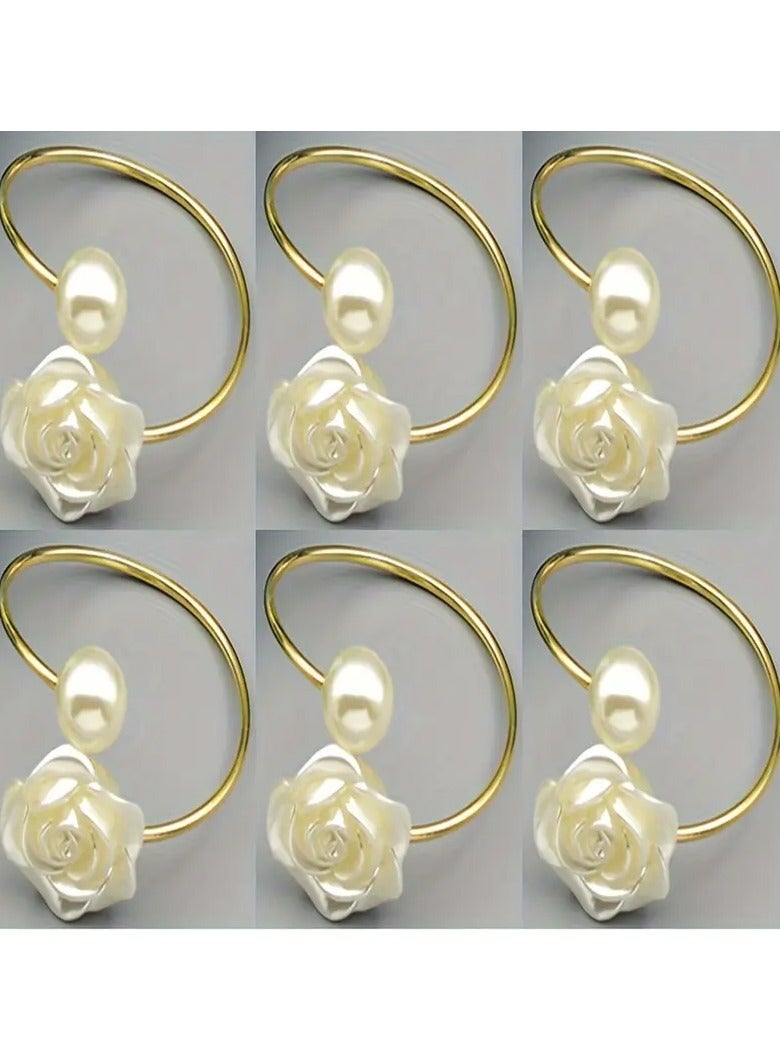 6 Piece Napkin Rings, White Rose Pearl Dining Table Ring Holder, Vintage Paper Towel Rings for Wedding Banquet Home Decorations  - Image 4