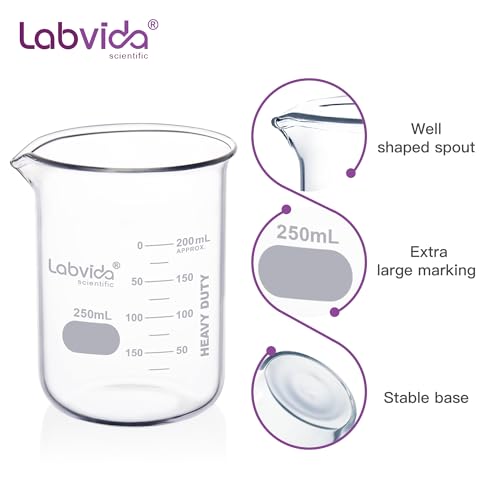 Labvida 4pcs 250ml Upgrated Thick Glass Beakers, Griffin Low Form Beaker Set with Double Scale, 3.3 Boro, LVA009 - Image 2