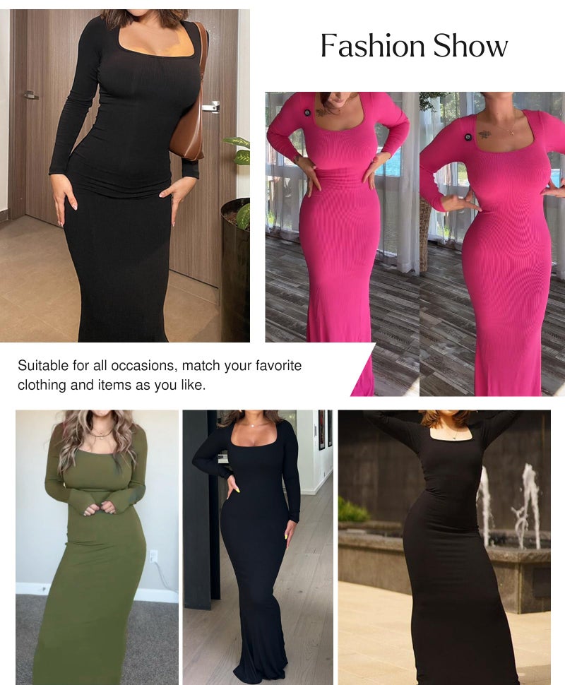 Popilush Formal Cocktail Dress - Shapewear Long Sleeve Maxi Dresses for Women Fall Square Neck Bodycon Dress Built-in Bra Black - Image 2