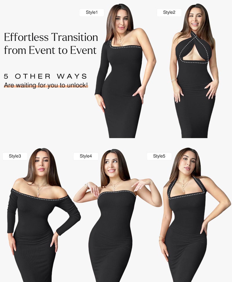 Popilush Formal Cocktail Dress - Shapewear Long Sleeve Maxi Dresses for Women Fall Square Neck Bodycon Dress Built-in Bra Black - Image 4