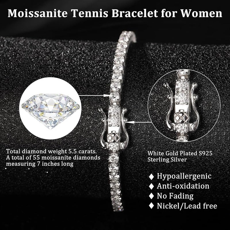 LOIPURI 5.1CT/5.5CT Moissanite Tennis Bracelet for Women, 3mm White Gold Plated S925 Sterling Silver D Color VVS1 Round Cut Moissanite Bracelets Jewelry Gift, Size 6.5Inch/7Inch - Image 4