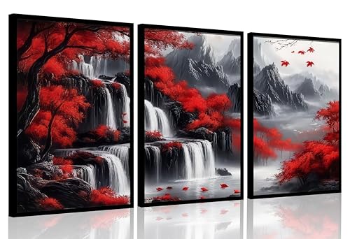 WWN Red Forest Waterfalls Canvas Wall Art Grey Mountains Lake and Red Trees Landscape Pictures Wall Decor Black and White Natural Scenery Poster Painting Prints for Living Room Bathroom Office Decorate - Image 1
