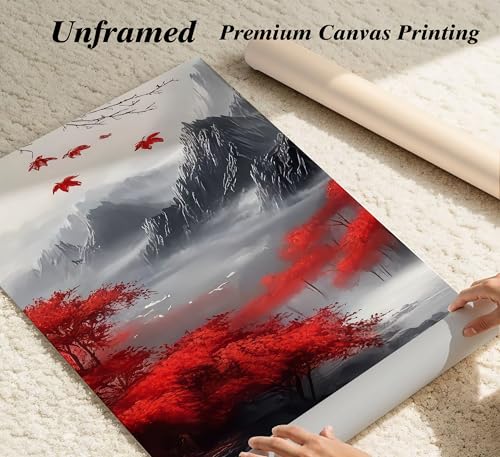 WWN Red Forest Waterfalls Canvas Wall Art Grey Mountains Lake and Red Trees Landscape Pictures Wall Decor Black and White Natural Scenery Poster Painting Prints for Living Room Bathroom Office Decorate - Image 3