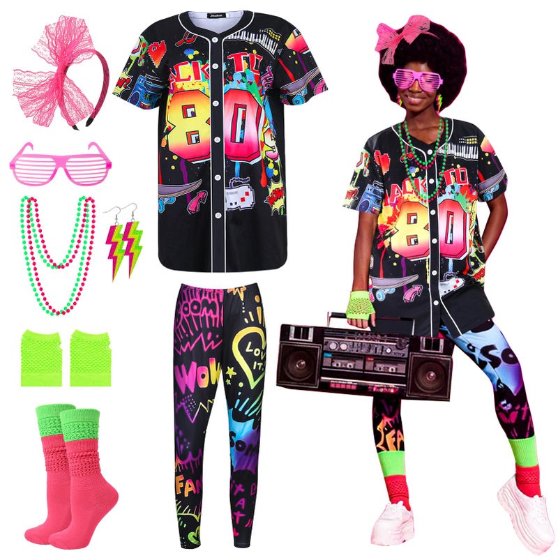 ZhouBoat 80s Outfit for Women, 80s Accessories Costume Set with Short Sleeve Shirt Leggings Fishnet Gloves Necklaces Earrings Socks Headband Glasses for Halloween Cosplay (M) - Image 1