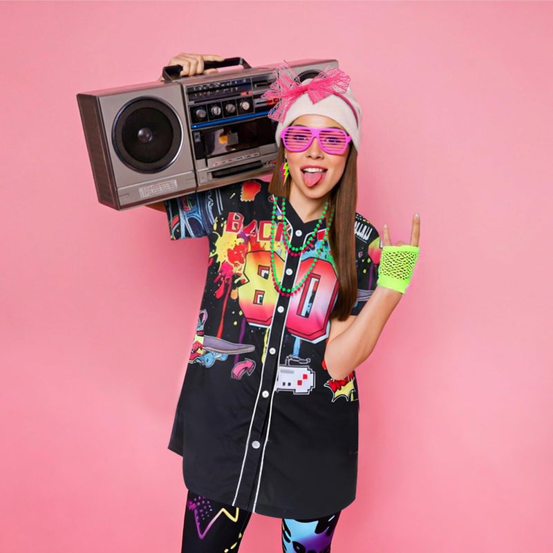 ZhouBoat 80s Outfit for Women, 80s Accessories Costume Set with Short Sleeve Shirt Leggings Fishnet Gloves Necklaces Earrings Socks Headband Glasses for Halloween Cosplay (M) - Image 5