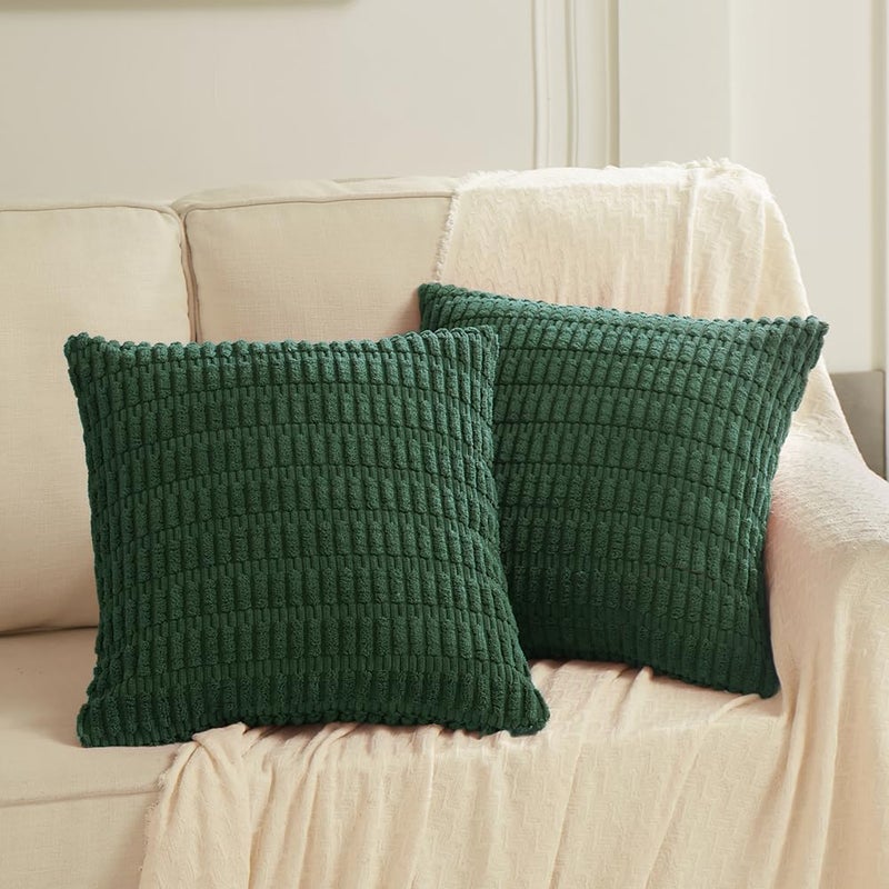 Fancy Homi 2 Packs Boho Dark Green Decorative Throw Pillow Covers 16x16 Inch for Couch Bed Sofa Rustic Modern Farmhouse Home Decor Soft Plush Corduroy Cute Square Cushion Case 40x40 cm - Image 2