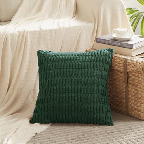 Fancy Homi 2 Packs Boho Dark Green Decorative Throw Pillow Covers 16x16 Inch for Couch Bed Sofa Rustic Modern Farmhouse Home Decor Soft Plush Corduroy Cute Square Cushion Case 40x40 cm - Image 3