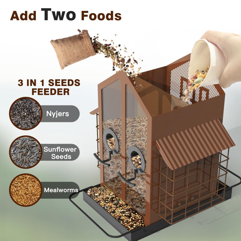 FlowaFoli Bird Feeders for Outdoors, Metal Bird Feeder with Double Suet Cage Weatherproof Metal Roof, 2 in 1 Mixed Seeds Suet Feeder, 4Lbs Large Capacity, Great for Finchã€Cardinalã€Chickadeeï¼ˆBrownï¼‰ - Image 3