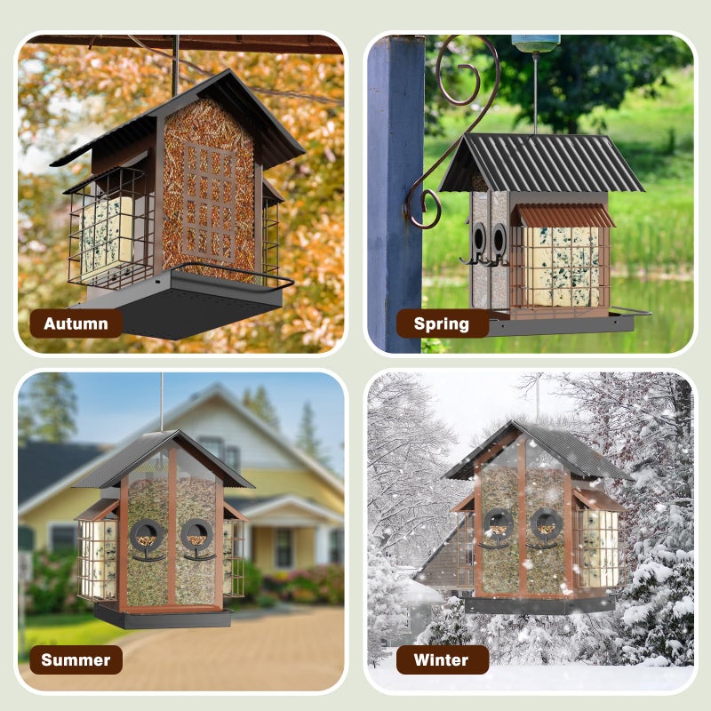 FlowaFoli Bird Feeders for Outdoors, Metal Bird Feeder with Double Suet Cage Weatherproof Metal Roof, 2 in 1 Mixed Seeds Suet Feeder, 4Lbs Large Capacity, Great for Finchã€Cardinalã€Chickadeeï¼ˆBrownï¼‰ - Image 5