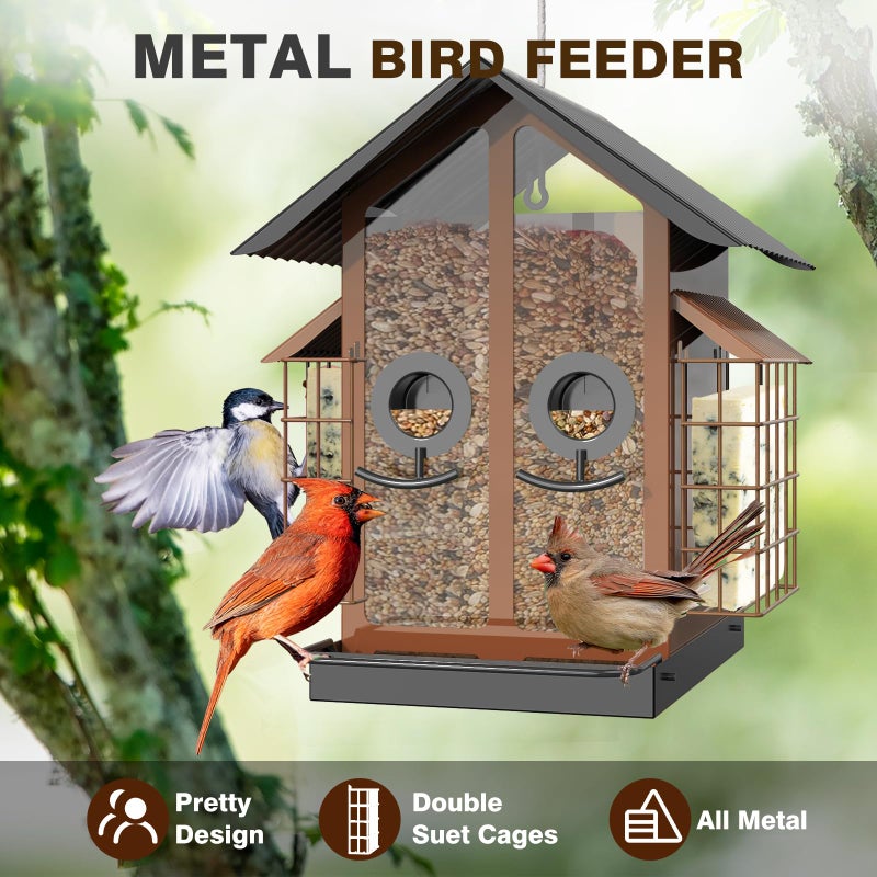 FlowaFoli Bird Feeders for Outdoors, Metal Bird Feeder with Double Suet Cage Weatherproof Metal Roof, 2 in 1 Mixed Seeds Suet Feeder, 4Lbs Large Capacity, Great for Finchã€Cardinalã€Chickadeeï¼ˆBrownï¼‰ - Image 4