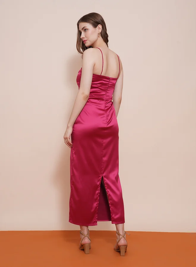 globus Globus Women Solid Sweetheart Neck Satin Sheath Midi Dress