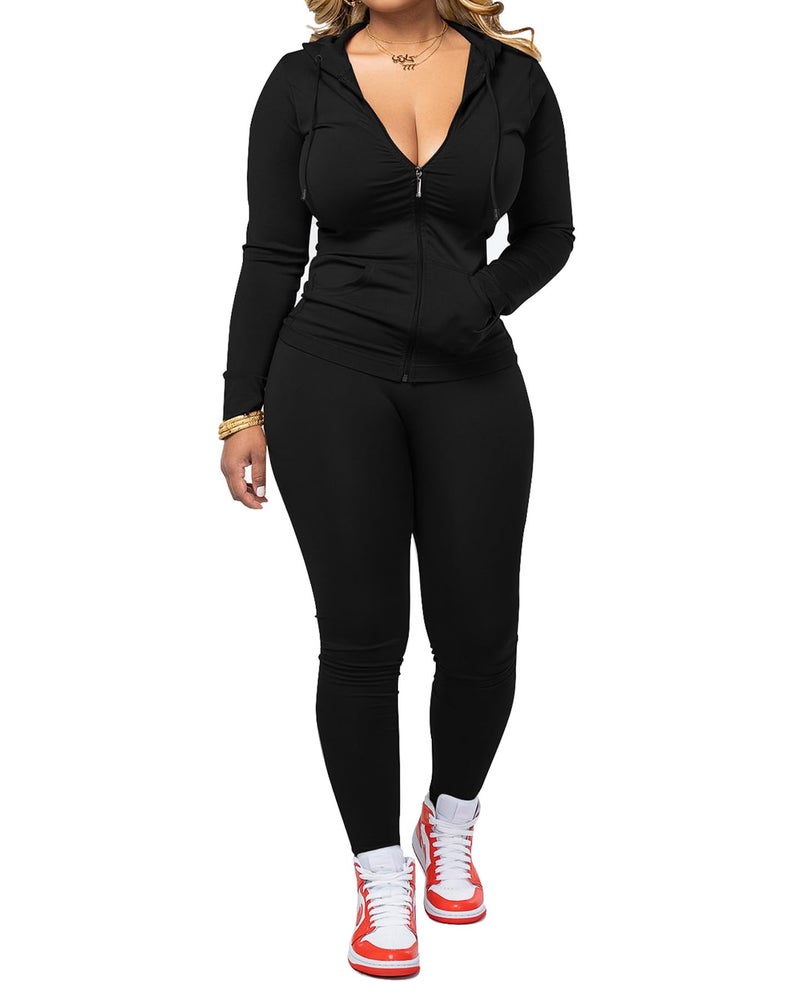 PINSV Women Two Piece Outfits Workout Sets Bodycon Tracksuit Long Sleeve Zip Up Hoodie Jacket Jogger Matching Sweat Pants Set Black L - Image 1
