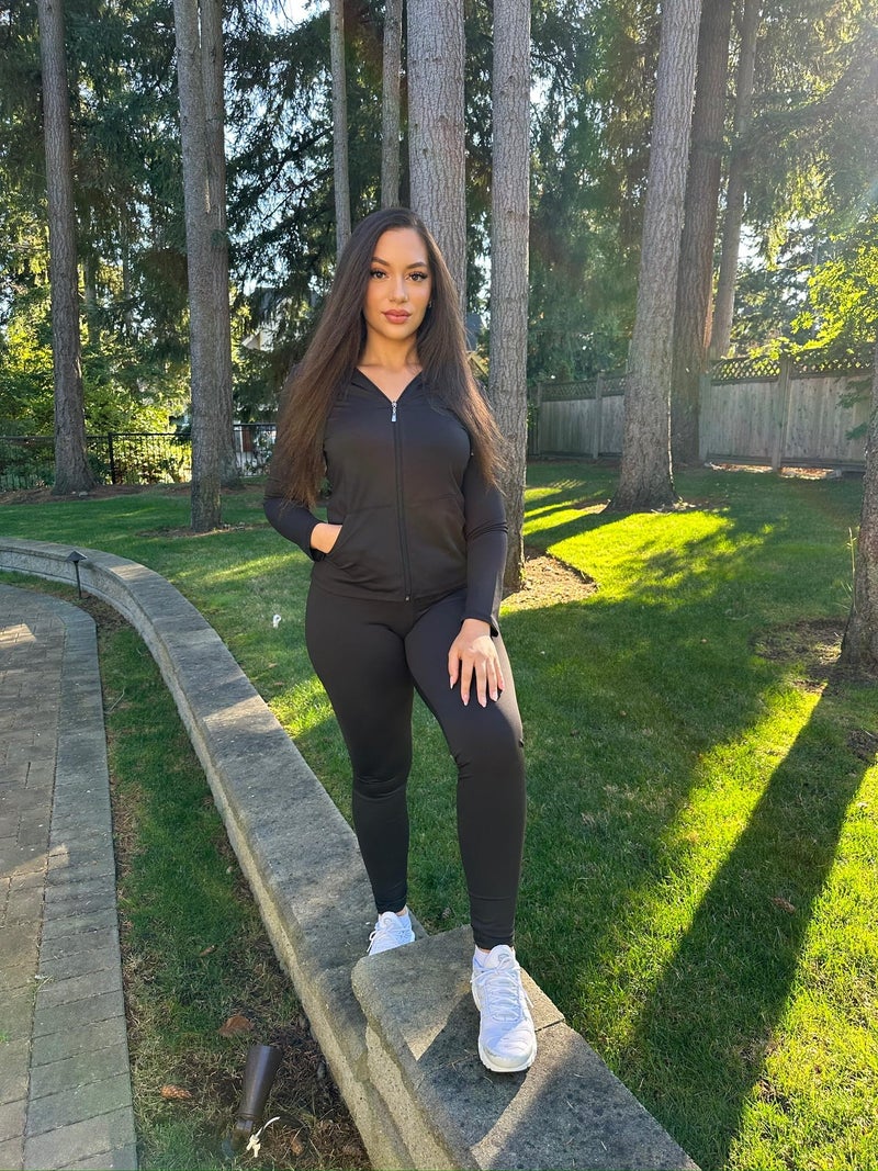 PINSV Women Two Piece Outfits Workout Sets Bodycon Tracksuit Long Sleeve Zip Up Hoodie Jacket Jogger Matching Sweat Pants Set Black L - Image 2