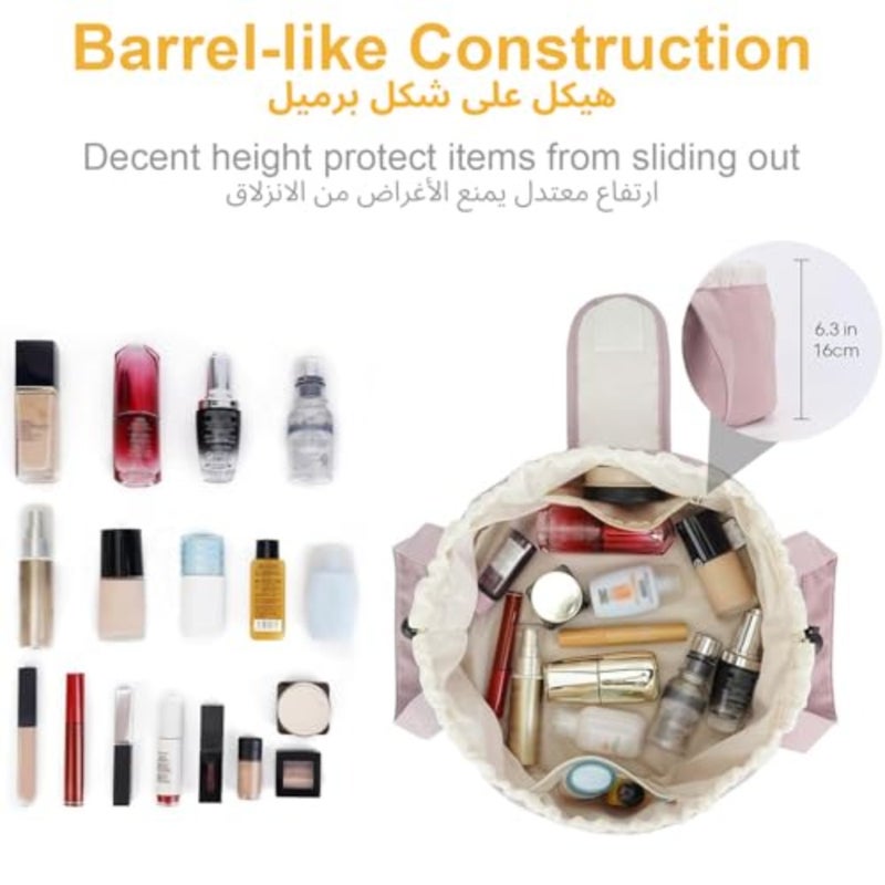 Travel Makeup Bag, Large Capacity Cosmetic Bags for Women, Lazy Makeup Organizer Bag Drawstring Portable Travel Casual Waterproof Quick Pack Makeup Pouch pink - Image 2