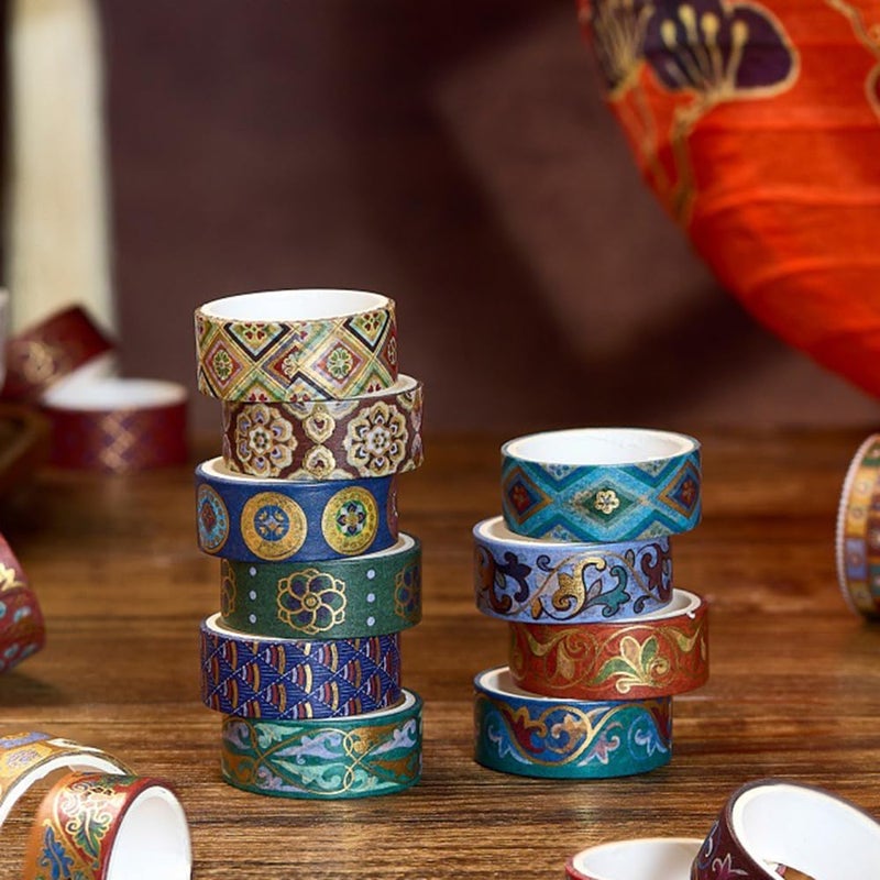 Zellykool Washi Tape Set 10 Rolls, Chinoiserie Gold Foil Decorative Paper Sticker for Planner Scrapbook Journal DIY Arts Craft (Ancient Blue) - Image 3