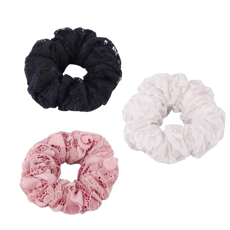 MASQ by Q-One Hair Accessories, Beaded Embroidered, Handmade, Organza Scrunchies/Hair Bands for Women, Girls with Elastic (Small, Black-Pink-White, Pack of 3) - Image 1