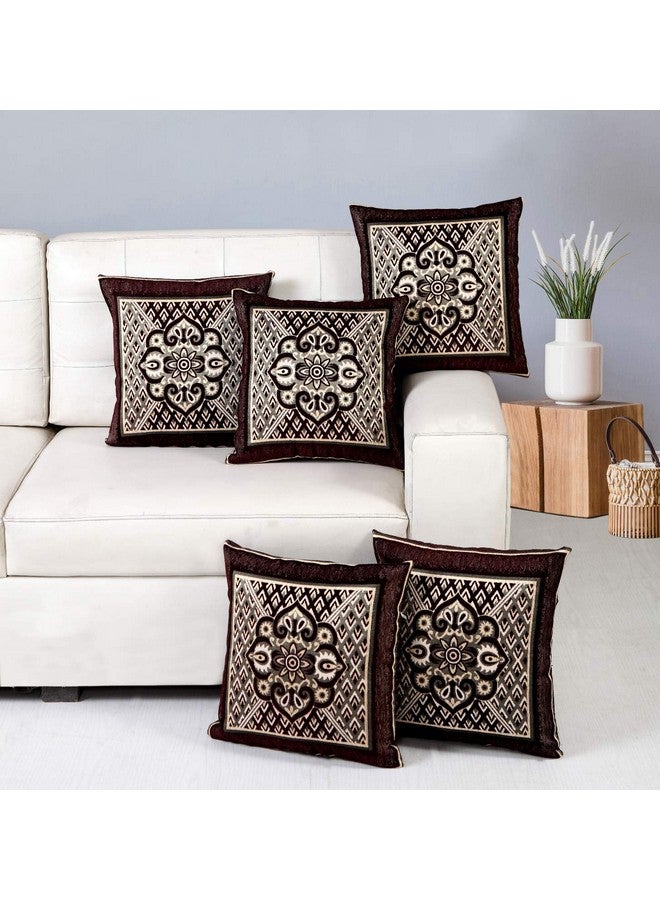 Nendle Jacquard Weaved Decorative Velvet Cushion Cover/Sofa Pillow Cover Set of 5 Pieces (Brown, 16x16 Inches)-500 TC - Image 1