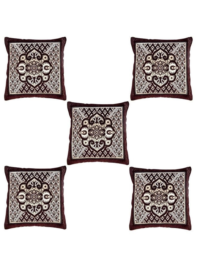 Nendle Jacquard Weaved Decorative Velvet Cushion Cover/Sofa Pillow Cover Set of 5 Pieces (Brown, 16x16 Inches)-500 TC - Image 2