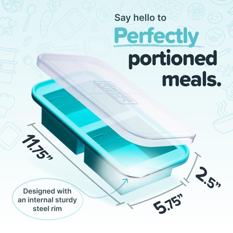 Souper Cubes 2 Cup Silicone Freezer Tray With Lid - Easy Meal Prep Container and Kitchen Storage Solution - Silicone Mold for Soup and Food Storage - Aqua - 1-Pack - Image 2