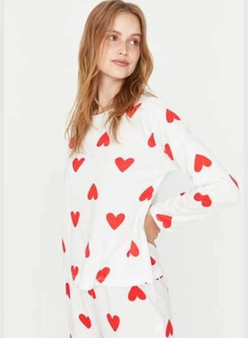 trendyol White 100% Cotton Heart T-shirt-Jogger Knitted Pajamas Set THMAW21PT0566