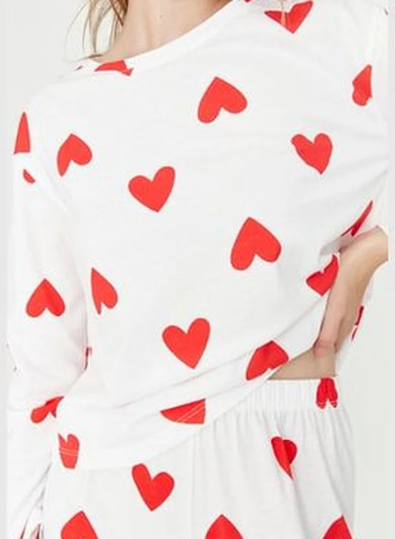 trendyol White 100% Cotton Heart T-shirt-Jogger Knitted Pajamas Set THMAW21PT0566