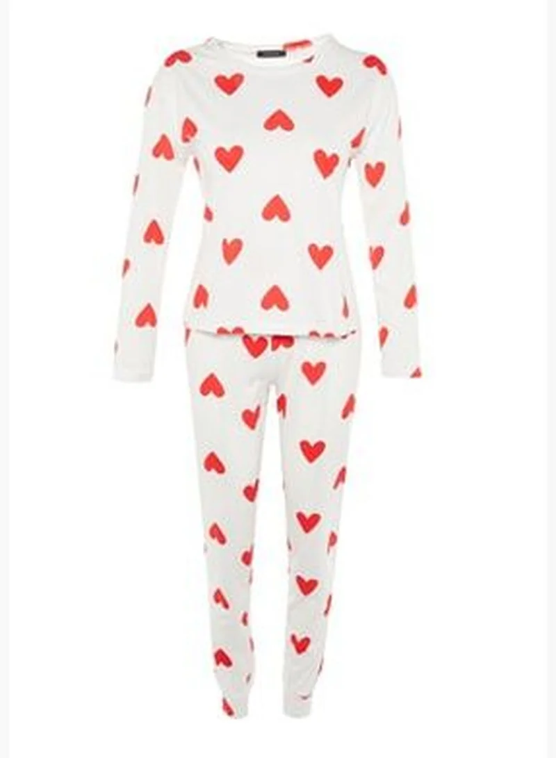 trendyol White 100% Cotton Heart T-shirt-Jogger Knitted Pajamas Set THMAW21PT0566