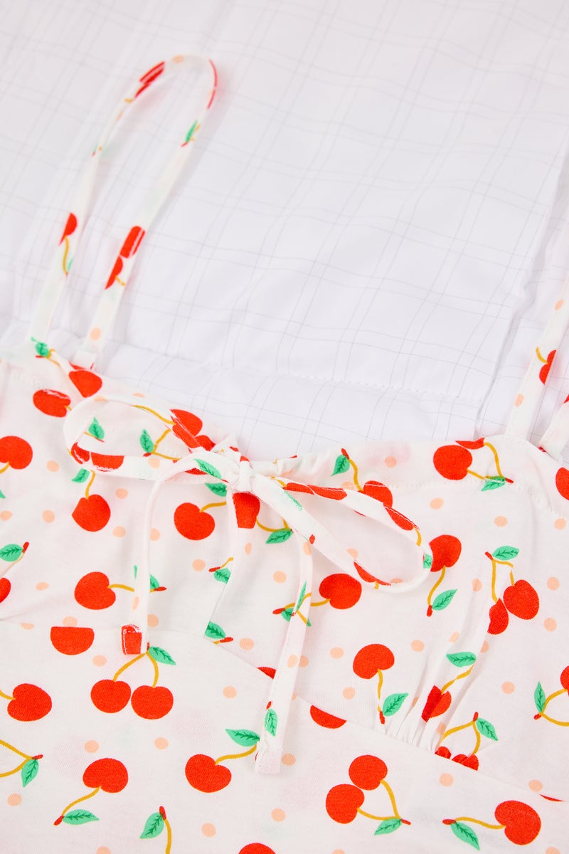 trendyol Cherry Print White Shorts Pajamas Set  100% Cotton - Image 5