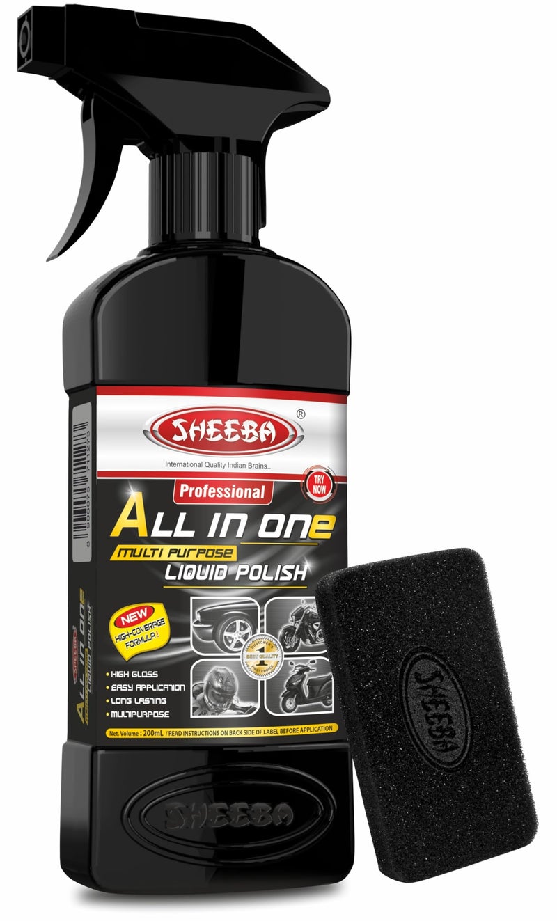SHEEBA All in One Multipurpose Liquid Polish for Car, Motorbike, Scooter, Household, Office Care | High Gloss | Easy Application | For Interior & Exterior Surfaces -200mL with Applicator Pad. - Image 1