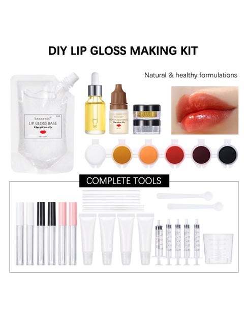 مجموعة أدوات صنع ملمع الشفاه بنفسك - مستلزمات أساسية لصنع ملمع الشفاه الخاص بك، بما في ذلك 6 مساحيق صبغات وزيت الجوجوبا واللمعان وأدوات الخلط والتعليمات، مثالية للمبتدئين